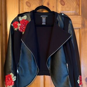 Black and Red Floral Faux LeatherEmbroidered Women's Jacket